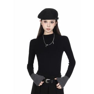 黑色半高领毛衣女拼接设计感2025秋小个子修身显瘦百搭长袖打底衫
