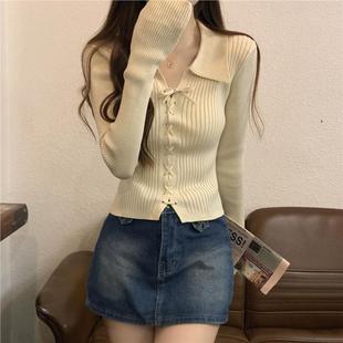 秋冬秋季2025新款polo领长袖打底针织衫上衣短款小个子内搭毛衣女