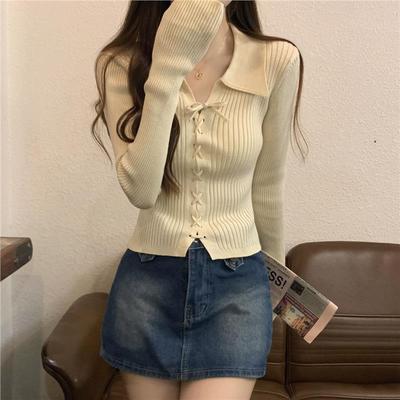 秋冬秋季2025新款polo领长袖打底针织衫上衣短款小个子内搭毛衣女