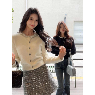 千金风重工小香风白色毛衣外套女秋冬绝美超好看内搭针织打底开衫