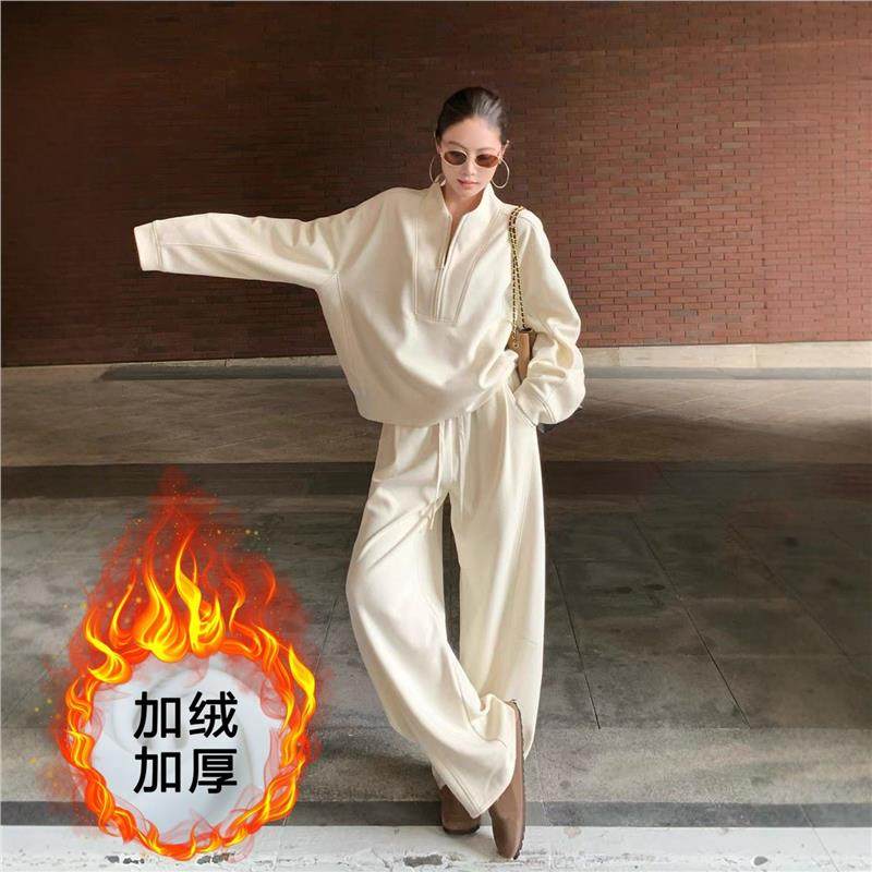 高级感运动套装女秋冬季新款宽松韩版加绒加厚卫衣阔腿长裤两件套