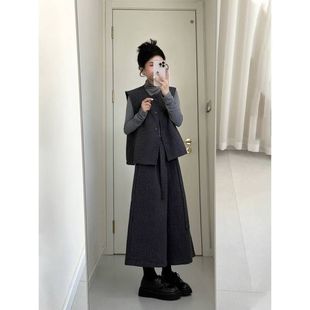 秋冬季搭配一整套大码胖mm上衣马甲阔腿裤简约时尚高级两件套装女