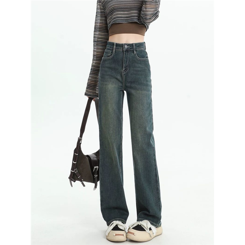 直筒加绒牛仔裤女2025秋冬新款高腰复古小个子显瘦窄版阔腿裤子女