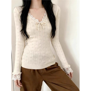 iiiamX蕾丝v领针织打底衫女秋季修身内搭毛衣长袖针织衫上衣2025