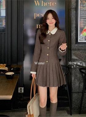 Even一雯【凛冬恋歌】韩系高智感假两件连衣裙女秋冬收腰百褶裙