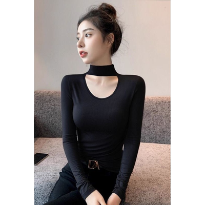 黑色半高领打底衫女高级感内搭2025新款长袖t恤修身镂空秋冬上衣