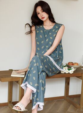 可外穿夏季薄款无袖背心长裤睡衣套装女款套头圆领坎肩家居服棉绸