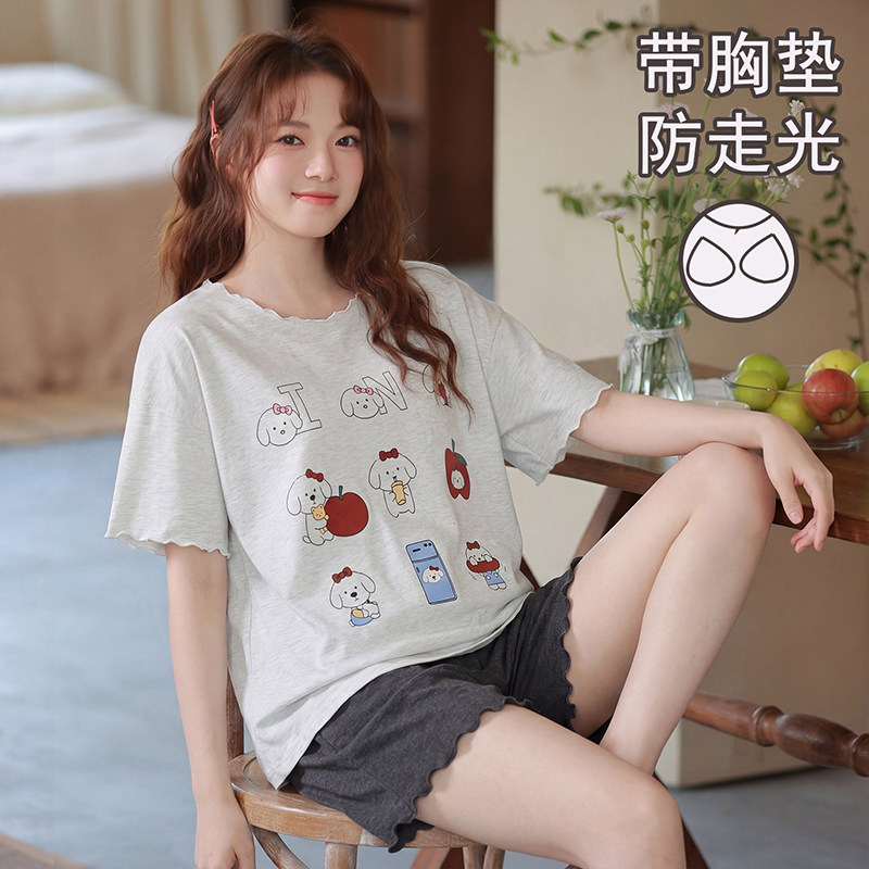 夏季女自带胸垫卡通短袖睡衣套装