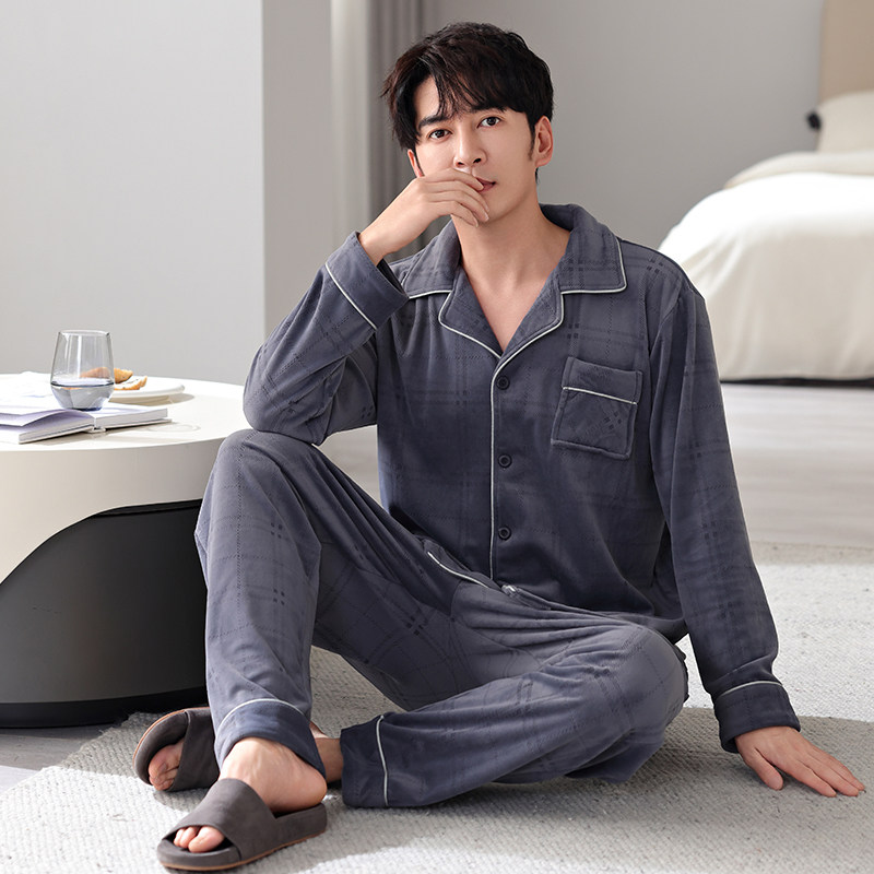 中老年男人开衫加厚款冬季海岛绒睡衣翻领男款长袖长裤家居服套装