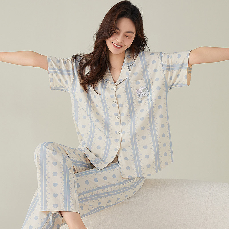 韩版休闲宽松女士开衫纯棉质短袖长裤睡衣夏季宽松全棉家居服套装