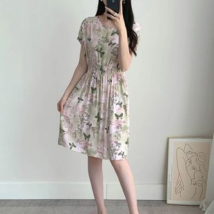 显瘦印花裙子沙滩裙海边渡假夏新款 棉绸碎花连衣裙短裙小个子大码