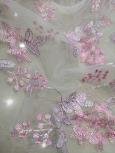 粉色团花小花簇蕾丝刺绣面料 DIY新娘婚纱礼服连衣裙汉服 整米价