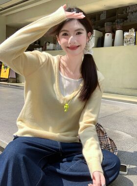 高级感假两件套头针织毛衣女2024新款宽松慵懒早秋chic韩系上衣