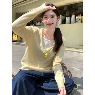 高级感假两件套头针织毛衣女2024新款宽松慵懒早秋chic韩系上衣