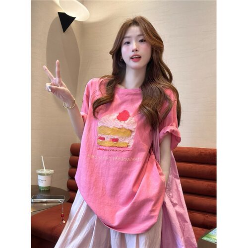 粉色多巴胺短袖T恤上衣女夏2026新款宽松慵懒甜美圆领半袖体恤