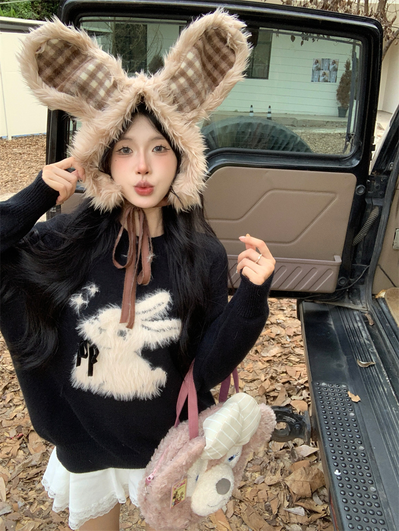 秋冬慵懒风毛衣女2024新款高级感韩系宽松套头兔子提花针织衫上衣