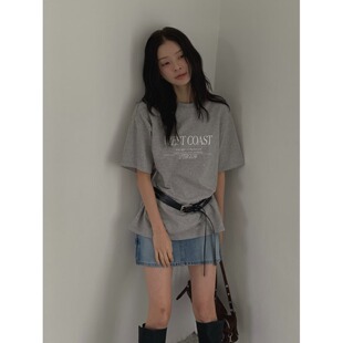 美式字母印花休闲圆领灰色短袖t恤女夏季宽松慵懒松弛半袖上衣