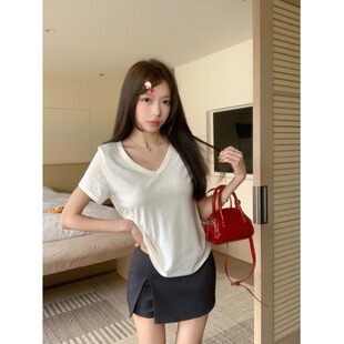 轻薄韩式 宽松休闲慵懒少女简约纯色圆领上衣 T恤女夏季 高级V领短袖