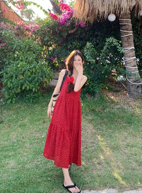 法式气质红色小个子碎花连衣裙2025新款女夏温柔风显瘦V领长裙子