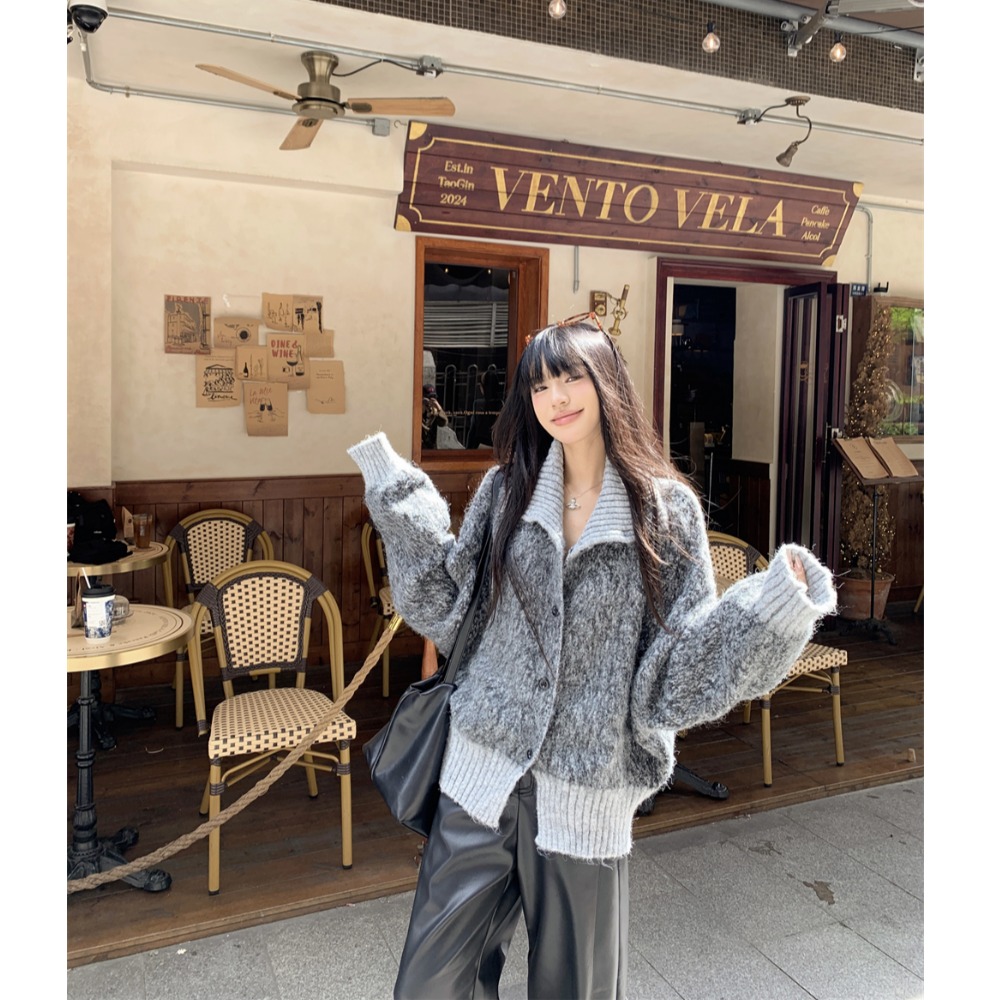 高领灰色毛衣外套女秋冬慵懒高级感翻领宽松休闲加厚针织开衫上衣