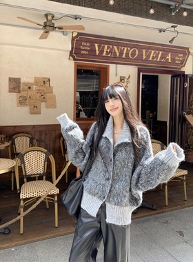 高领灰色毛衣外套女秋冬慵懒高级感翻领宽松休闲加厚针织开衫上衣