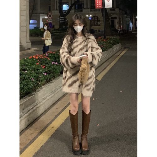 中长款斑马纹设计感小众宽松毛衣