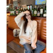 蕾丝蝴蝶结假两件宽松慵懒V领毛衣女秋冬温柔韩系加厚针织衫 上衣