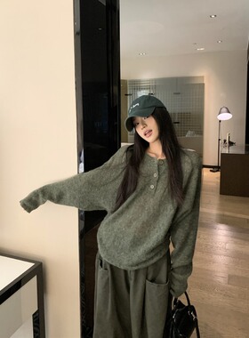 绿色半开领蝙蝠袖针织毛衣女秋冬小众高级宽松慵懒风韩系套头上衣