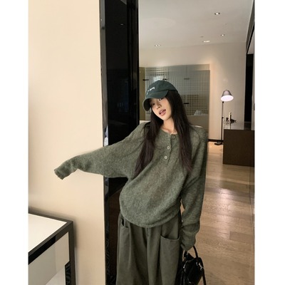 绿色半开领蝙蝠袖针织毛衣女秋冬小众高级宽松慵懒风韩系套头上衣