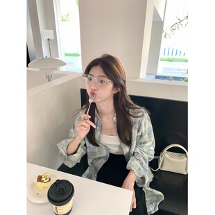 韩系慵懒宽松格子衬衫女春秋季2025新款防晒薄外套休闲衬衣上衣