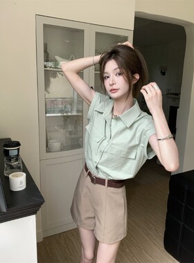 薄荷绿色短袖衬衫女夏季薄款宽松休闲显瘦衬衣小众设计感法式上衣