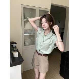 薄荷绿色短袖衬衫女夏季薄款宽松休闲显瘦衬衣小众设计感法式上衣