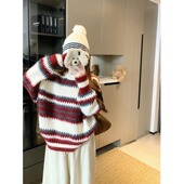 费尔岛撞色红色条纹毛衣女秋冬款 上衣 慵懒宽松圆领套头韩系针织衫