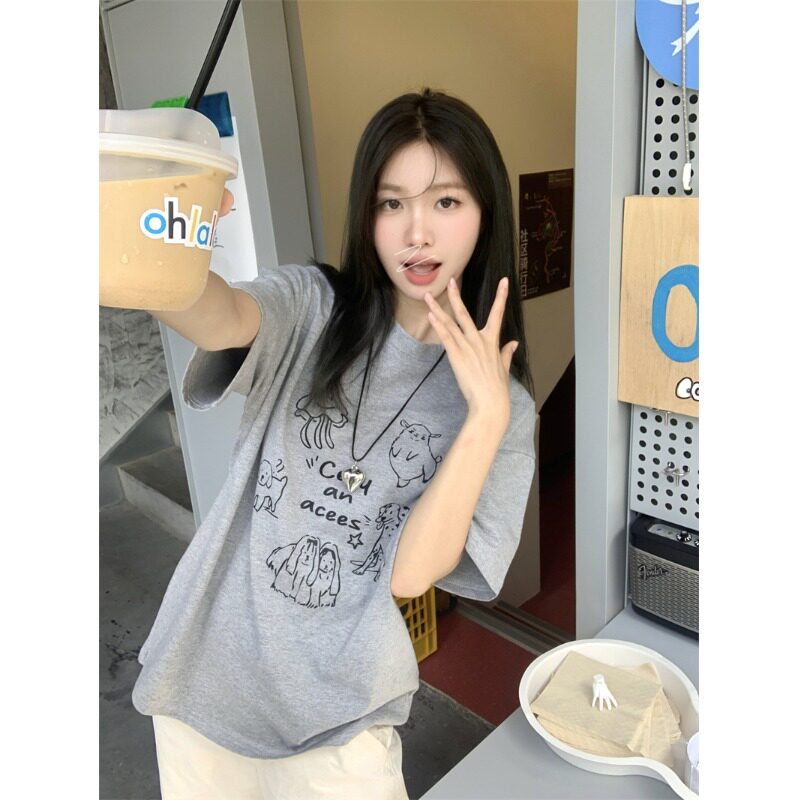 卡通图案印花宽松短袖T恤女夏季韩版宽松纯棉百搭休闲圆领上衣