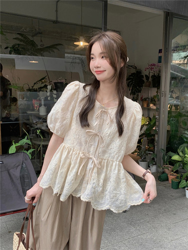 蕾丝钩花短袖衬衫女夏季