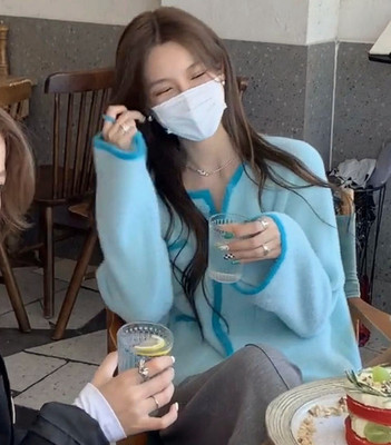 长袖针织开衫短款蓝绿色外套毛衣