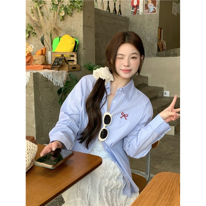 慵懒风休闲韩版蓝色防晒衬衫外套女夏蝴蝶结刺绣宽松显瘦衬衣上衣