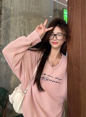 韩系慵懒风显瘦V领灰色薄款卫衣女春季2025新款休闲宽松粉色上衣