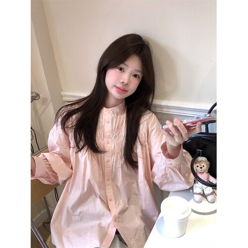 粉色甜美长袖衬衫女春季休闲慵懒