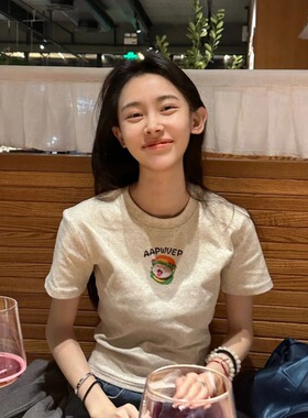显瘦正肩纯棉花灰色短袖T恤女夏季2026新款宽松休闲短款修身上衣