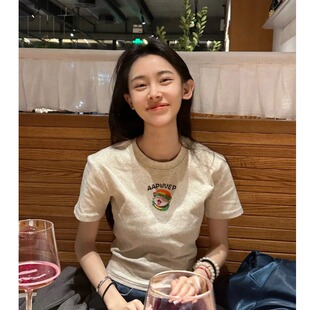 显瘦正肩纯棉花灰色短袖T恤女夏季2026新款宽松休闲短款修身上衣