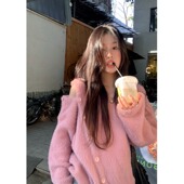 韩系慵懒风毛衣外套秋冬女2024新款 宽松两穿粉色水貂毛针织上衣
