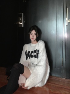 套头圆领水貂绒毛衣女冬季宽松慵懒风中长款高级感复古针织衫上衣