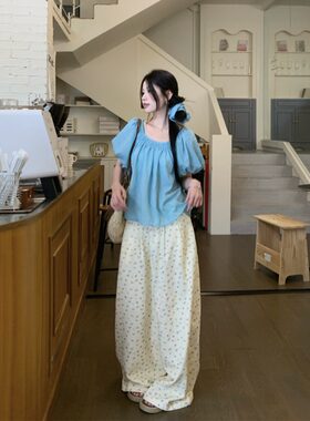 法式蓝色短袖衬衫上衣女夏季2025新款宽松休闲阔腿碎花牛仔裤套装