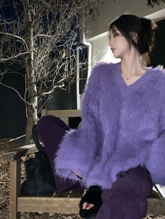 韩系慵懒风毛衣冬季 女温柔软糯厚实奶fufu紫色水貂毛V领针织上衣