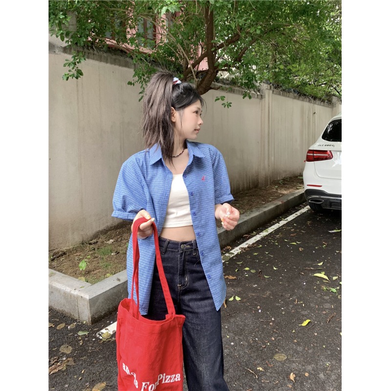 复古蓝色格子短袖衬衫女夏季2024新款薄款衬衣休闲韩版宽松上衣