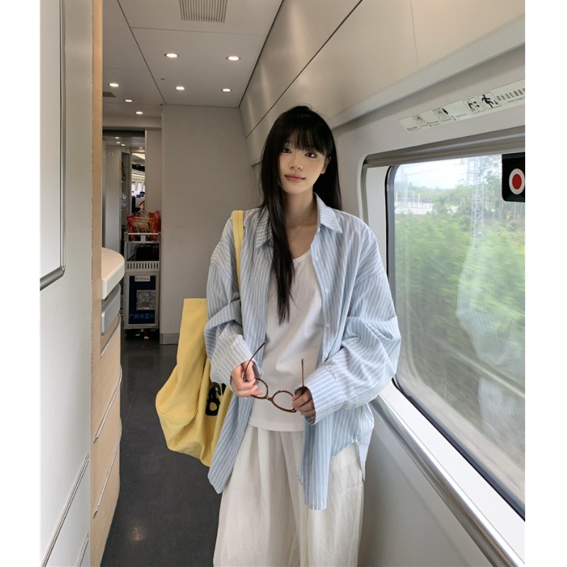 宽松慵懒蓝色条纹长袖衬衫女早秋季韩系休闲防晒衬衣开衫上衣外套