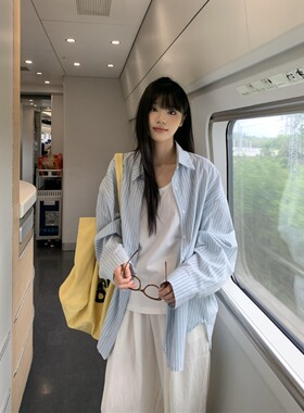 宽松慵懒蓝色条纹长袖衬衫女早春季韩系休闲防晒衬衣开衫上衣外套