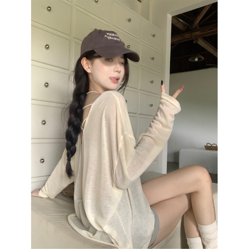 薄款长袖防晒t恤女2024新款夏季设计感露背宽松休闲百搭罩衫上衣