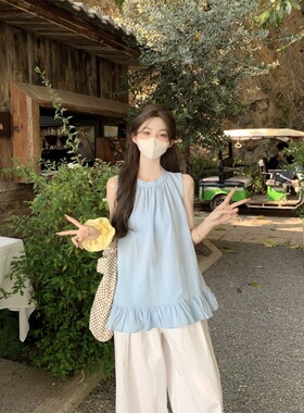 甜美韩系蓝色小衫衬衫女夏季2025新款别致木耳边宽松无袖背心上衣